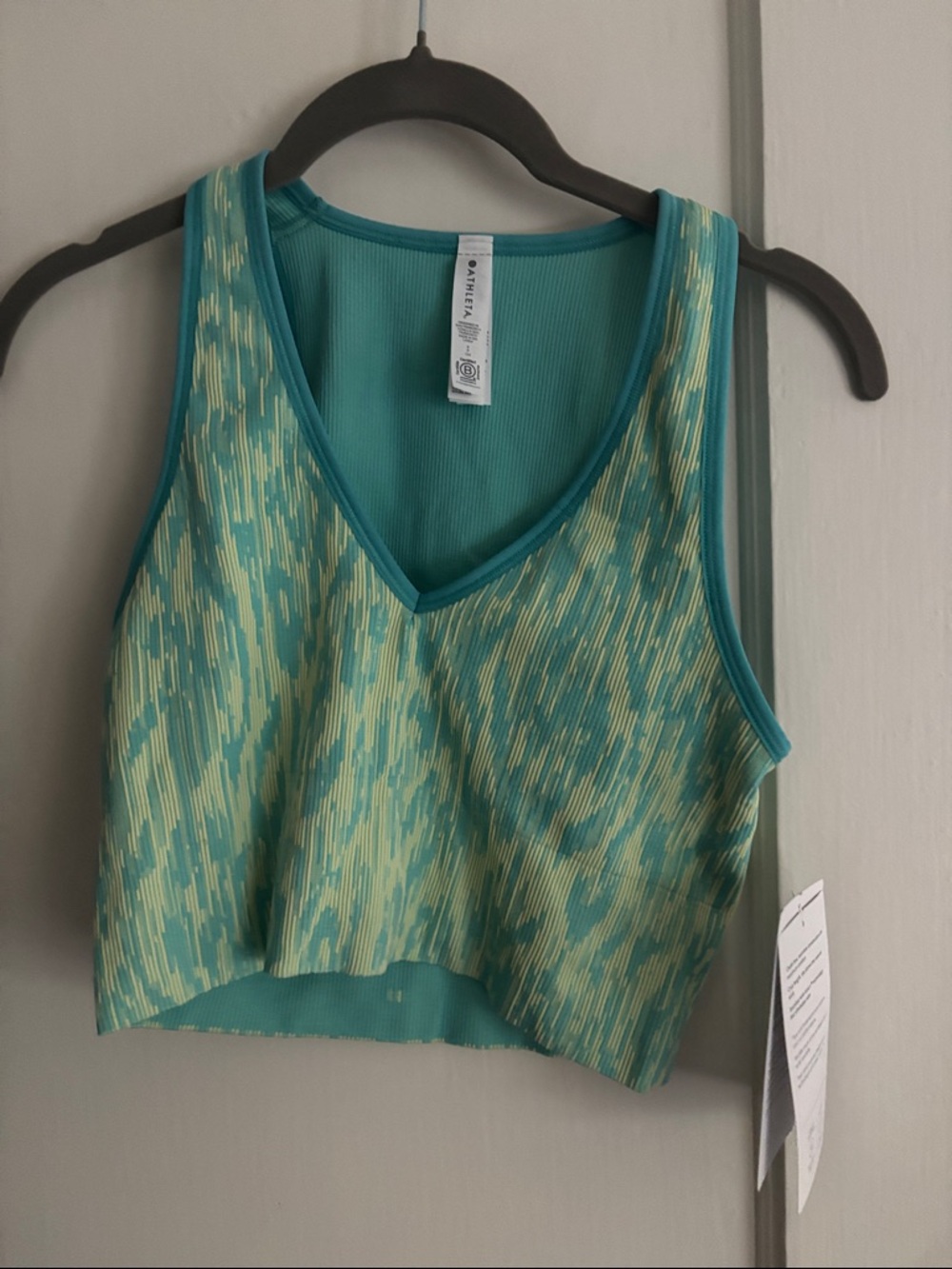 Athleta Teal and Light Yellow Patterned V-Neck Crop Top